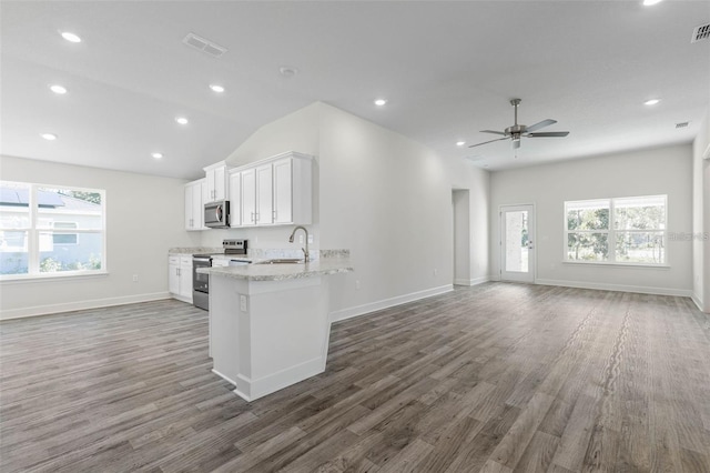 12 Wainshire Pl, Palm Coast, FL 32164 - kitchen with stainless steel appliances, open floor plan, a ceiling fan, wood finished floors, and vaulted ceiling