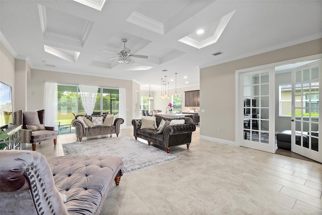 67 N Lakewalk Dr, Palm Coast, FL 32137 - living room featuring ornamental molding, coffered ceiling, ceiling fan, beam ceiling, and french doors