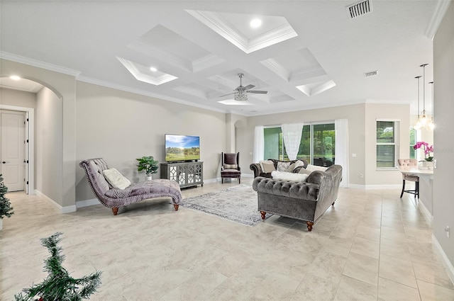 67 N Lakewalk Dr, Palm Coast, FL 32137 - living room with crown molding, arched walkways, coffered ceiling, beam ceiling, and a ceiling fan