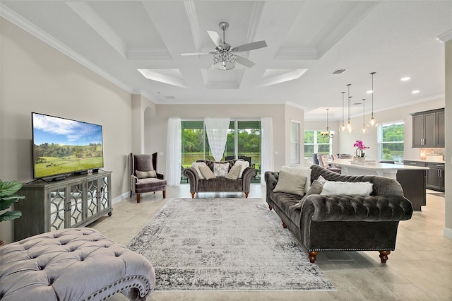 67 N Lakewalk Dr, Palm Coast, FL 32137 - living area with ornamental molding, coffered ceiling, a ceiling fan, beamed ceiling, and recessed lighting