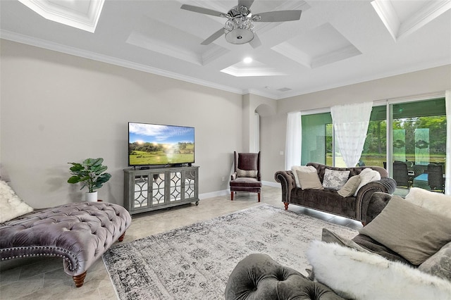 67 N Lakewalk Dr, Palm Coast, FL 32137 - living room with coffered ceiling, ornamental molding, beam ceiling, a ceiling fan, and arched walkways