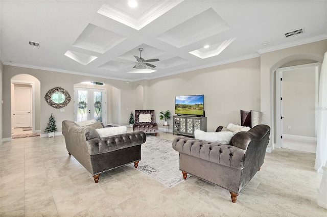 67 N Lakewalk Dr, Palm Coast, FL 32137 - living area with arched walkways, ornamental molding, coffered ceiling, ceiling fan, and beam ceiling