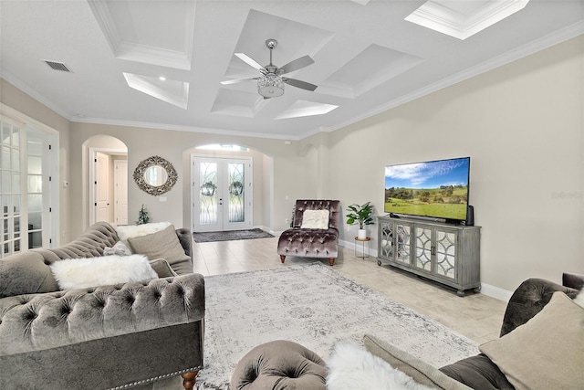 67 N Lakewalk Dr, Palm Coast, FL 32137 - tiled living room featuring arched walkways, french doors, crown molding, coffered ceiling, and a ceiling fan