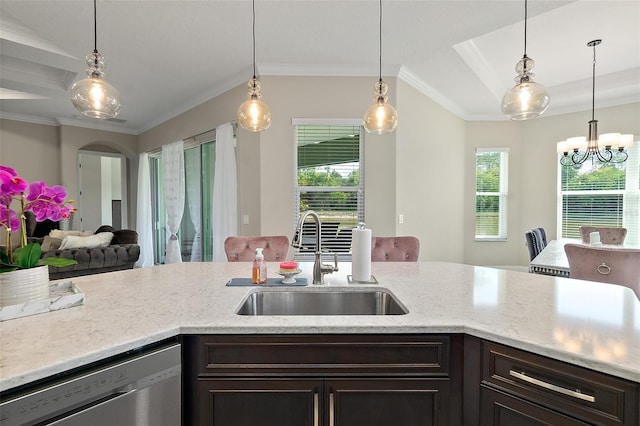 67 N Lakewalk Dr, Palm Coast, FL 32137 - kitchen with dishwasher, open floor plan, a chandelier, light stone counters, and ornamental molding