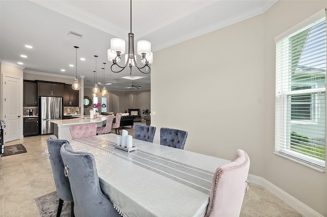 67 N Lakewalk Dr, Palm Coast, FL 32137 - dining space with a chandelier, ornamental molding, plenty of natural light, ceiling fan, and recessed lighting