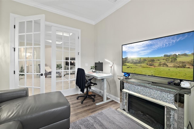 67 N Lakewalk Dr, Palm Coast, FL 32137 - office area featuring french doors, ornamental molding, and wood finished floors
