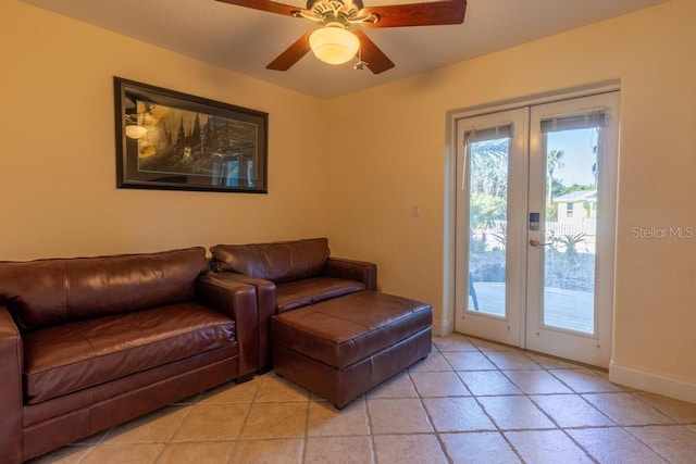 3000 Ocean Shore Blvd Unit 18, Ormond Beach, FL 32176 - living area with plenty of natural light, french doors, a ceiling fan, and light tile patterned floors