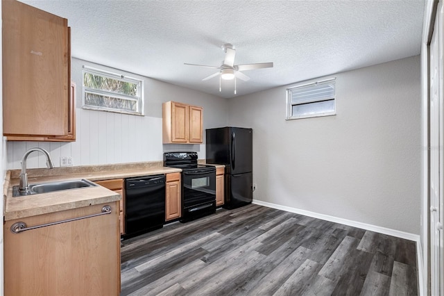 1115 N Central Ave, Flagler Beach, FL 32136 - kitchen with black appliances, ceiling fan, dark wood-style floors, light countertops, and a textured ceiling