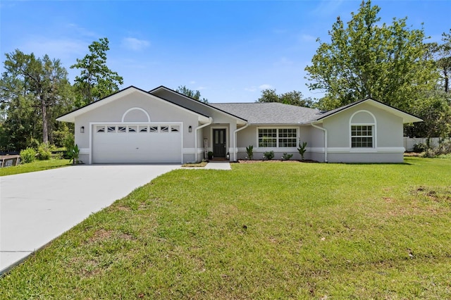 23 Pennfield Ln, Palm Coast, FL 32164 - ranch-style home with a garage, driveway, a front lawn, and stucco siding