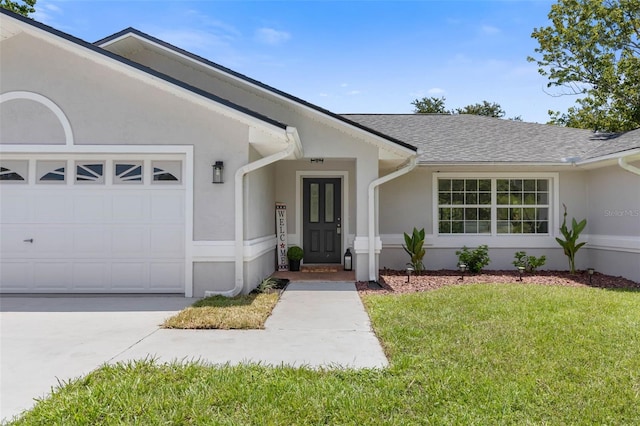 23 Pennfield Ln, Palm Coast, FL 32164 - doorway to property featuring an attached garage, stucco siding, a yard, and a shingled roof