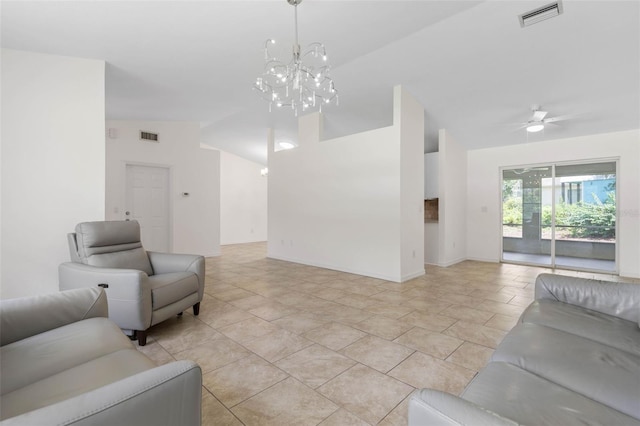 23 Pennfield Ln, Palm Coast, FL 32164 - living room with a chandelier, vaulted ceiling, and ceiling fan