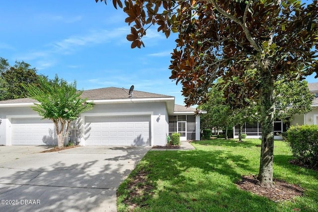 3132 Connemara Dr, Ormond Beach, FL 32174 - single story home featuring stucco siding, an attached garage, concrete driveway, a front lawn, and a sunroom