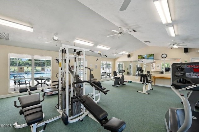 3132 Connemara Dr, Ormond Beach, FL 32174 - workout area featuring a ceiling fan, vaulted ceiling, and carpet flooring