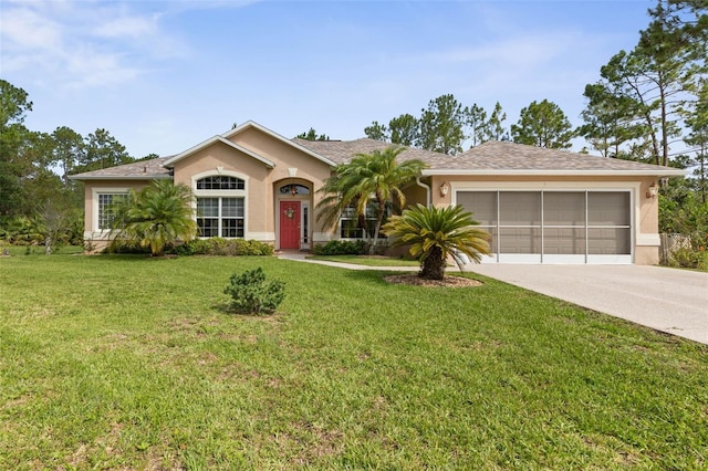 5 Senora Ct, Palm Coast, FL 32164 - ranch-style house featuring an attached garage, driveway, stucco siding, and a front yard