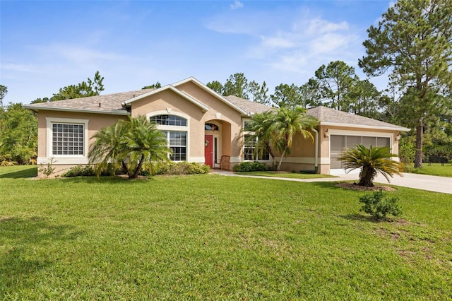 5 Senora Ct, Palm Coast, FL 32164 - view of front of house featuring a garage, stucco siding, a front yard, and concrete driveway