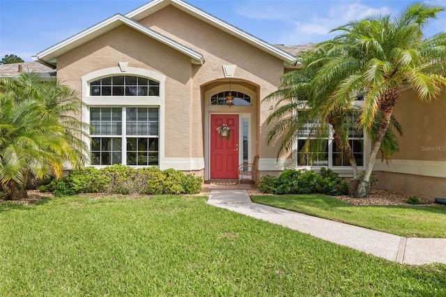 5 Senora Ct, Palm Coast, FL 32164 - view of exterior entry with stucco siding and a yard