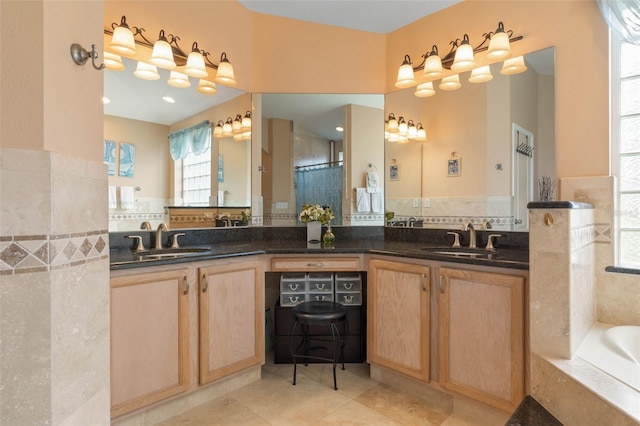 5 Senora Ct, Palm Coast, FL 32164 - full bath featuring a bath, double vanity, tile patterned floors, tasteful backsplash, and a shower