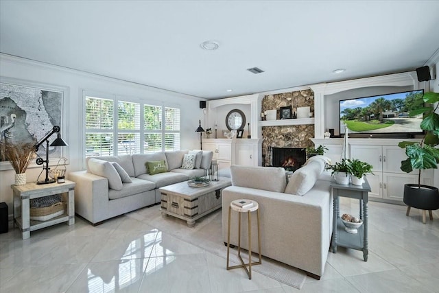 1108 Shockney Dr, Ormond Beach, FL 32174 - living room with ornamental molding, a stone fireplace, and light marble finish floors