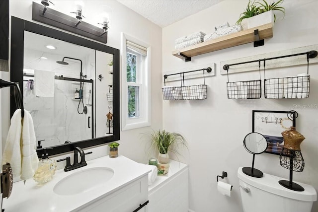 1108 Shockney Dr, Ormond Beach, FL 32174 - bathroom with a marble finish shower, vanity, and a textured ceiling