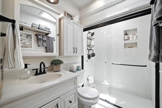 1108 Shockney Dr, Ormond Beach, FL 32174 - full bathroom featuring a stall shower, vanity, and crown molding