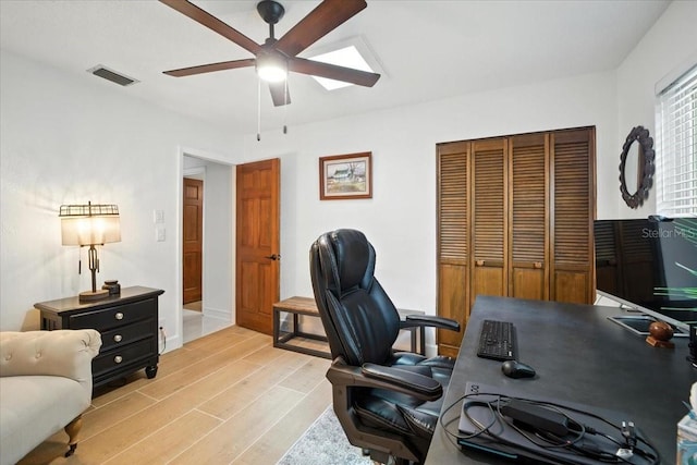 1108 Shockney Dr, Ormond Beach, FL 32174 - home office featuring a ceiling fan and light wood-style floors