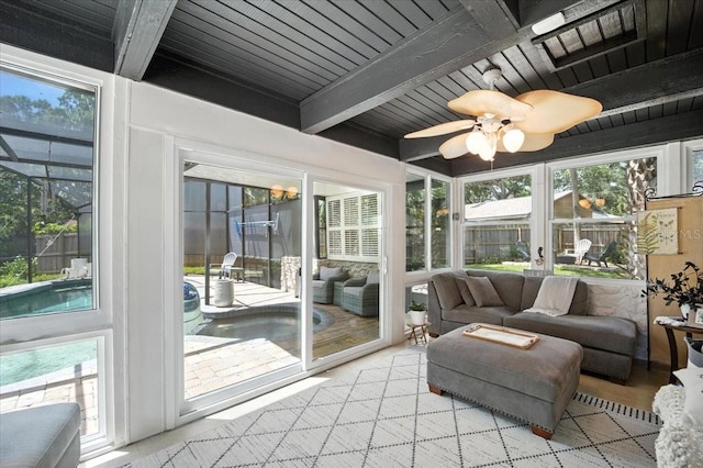 1108 Shockney Dr, Ormond Beach, FL 32174 - sunroom with beamed ceiling, an outdoor living space, plenty of natural light, and ceiling fan