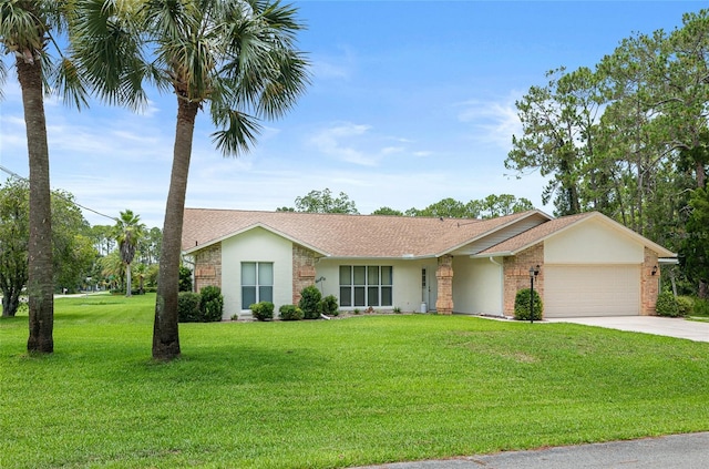 1 Ryberry Pl, Palm Coast, FL 32164 - ranch-style house with an attached garage, driveway, a front yard, brick siding, and a shingled roof