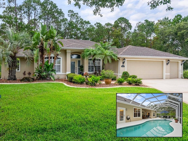 1254 Royal Pointe Ln, Ormond Beach, FL 32174 - ranch-style home with a garage, a front yard, stucco siding, and concrete driveway
