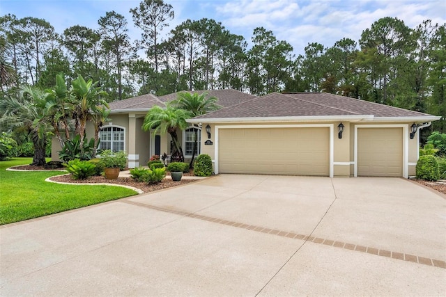 1254 Royal Pointe Ln, Ormond Beach, FL 32174 - ranch-style house with stucco siding, an attached garage, driveway, and a front lawn