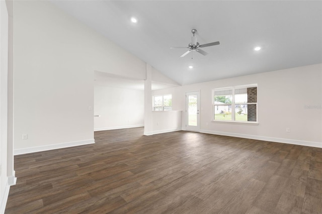 18 Slipper Orchid Trl E, Palm Coast, FL 32164 - unfurnished living room with ceiling fan, dark wood-style flooring, recessed lighting, and high vaulted ceiling