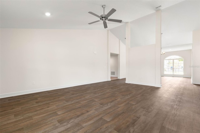 18 Slipper Orchid Trl E, Palm Coast, FL 32164 - unfurnished living room with a ceiling fan, dark wood-type flooring, and high vaulted ceiling