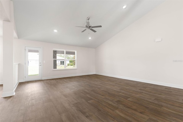 18 Slipper Orchid Trl E, Palm Coast, FL 32164 - unfurnished living room with vaulted ceiling, ceiling fan, dark wood finished floors, and recessed lighting