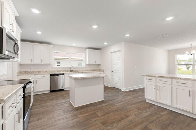 18 Slipper Orchid Trl E, Palm Coast, FL 32164 - kitchen featuring stainless steel appliances, dark wood-style flooring, a center island, plenty of natural light, and recessed lighting