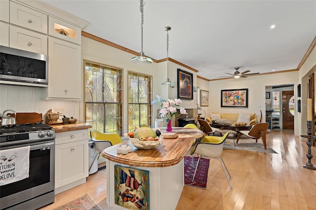 603 Front St, Welaka, FL 32193 - kitchen with stainless steel appliances, a ceiling fan, ornamental molding, light wood-type flooring, and open floor plan