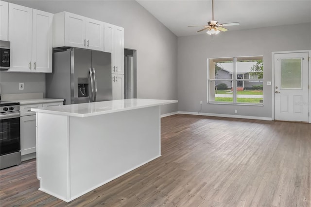 204 S Forsyth St, Bunnell, FL 32110 - kitchen featuring appliances with stainless steel finishes, vaulted ceiling, wood finished floors, open floor plan, and a ceiling fan
