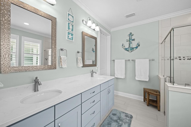 31 Hidden Treasure Dr, Palm Coast, FL 32137 - bathroom with crown molding, double vanity, and a shower stall