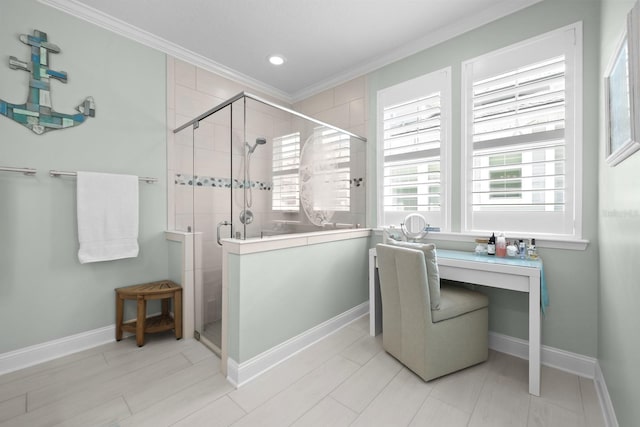 31 Hidden Treasure Dr, Palm Coast, FL 32137 - full bathroom with crown molding, healthy amount of natural light, a shower stall, and recessed lighting