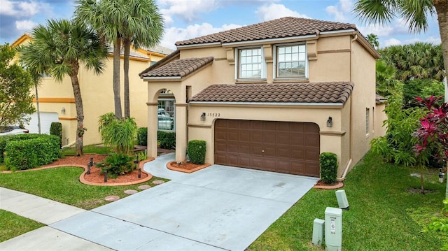 15522 NW 12th Ct, Pembroke Pines, FL 33028 - mediterranean / spanish home featuring concrete driveway, a tile roof, a front yard, and an attached garage