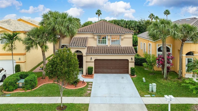 15522 NW 12th Ct, Pembroke Pines, FL 33028 - mediterranean / spanish-style house with a tiled roof, concrete driveway, stucco siding, an attached garage, and a front yard