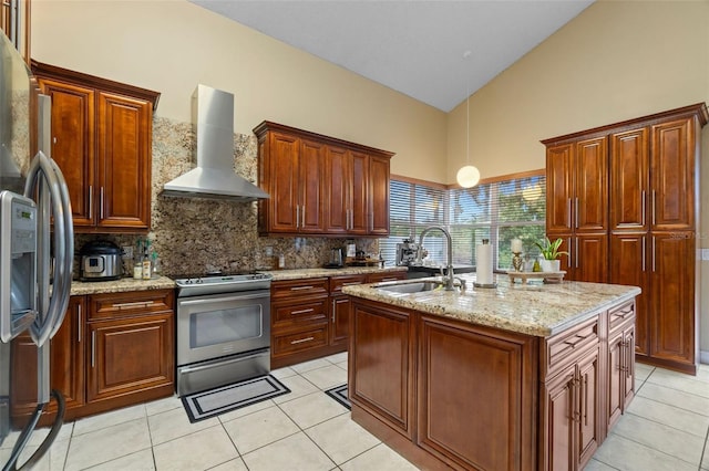 15522 NW 12th Ct, Pembroke Pines, FL 33028 - kitchen with wall chimney exhaust hood, stainless steel appliances, tasteful backsplash, high vaulted ceiling, and light tile patterned floors