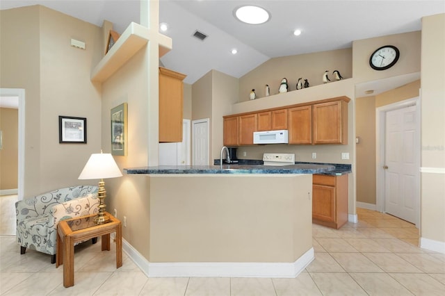 6 Prince Michael Ln, Palm Coast, FL 32164 - kitchen with white microwave, high vaulted ceiling, brown cabinets, dark stone counters, and a peninsula