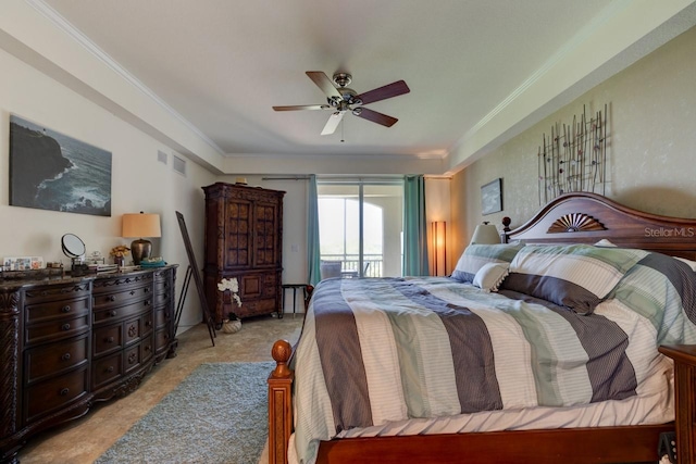 146 Palm Coast Resort Blvd Unit 501, Palm Coast, FL 32137 - bedroom with access to exterior, crown molding, and ceiling fan