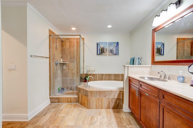146 Palm Coast Resort Blvd Unit 501, Palm Coast, FL 32137 - bathroom with vanity, a garden tub, tiled shower, recessed lighting, and ornamental molding