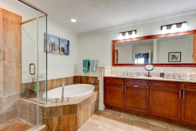 146 Palm Coast Resort Blvd Unit 501, Palm Coast, FL 32137 - full bath featuring double vanity, crown molding, a bath, a stall shower, and tile patterned flooring
