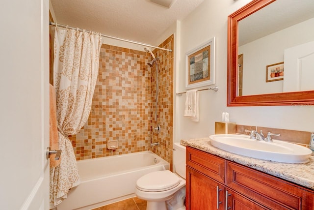 146 Palm Coast Resort Blvd Unit 501, Palm Coast, FL 32137 - bathroom featuring vanity, shower / bathtub combination with curtain, tile patterned floors, and a textured ceiling