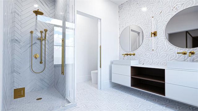 2360 Ocean Shore Blvd Unit 24, Ormond Beach, FL 32176 - bathroom with vanity, a tile shower, and wallpapered walls