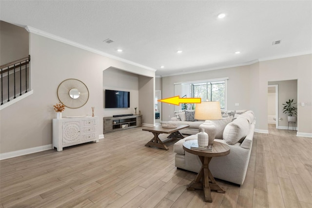 43 Lumber Jack Trl, Palm Coast, FL 32137 - living room with ornamental molding, light wood-type flooring, recessed lighting, and stairway