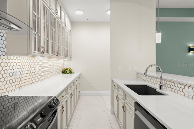200 Ocean Crest Dr Unit 1111, Palm Coast, FL 32137 - kitchen featuring appliances with stainless steel finishes, light marble finish floors, ventilation hood, backsplash, and light countertops