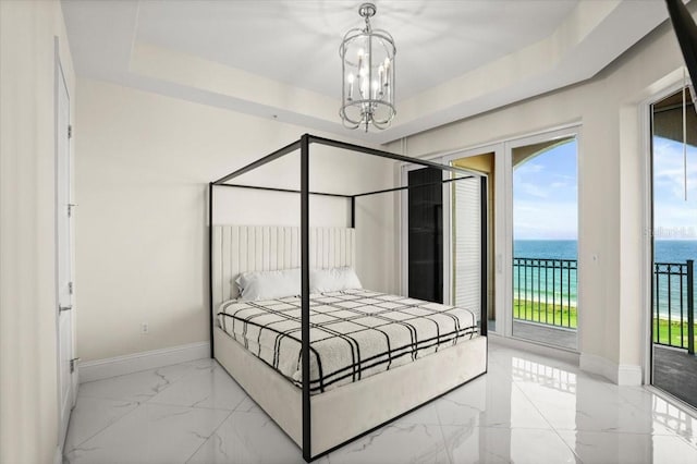 200 Ocean Crest Dr Unit 1111, Palm Coast, FL 32137 - bedroom with marble finish flooring, a chandelier, a water view, access to outside, and multiple windows