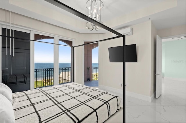 200 Ocean Crest Dr Unit 1111, Palm Coast, FL 32137 - unfurnished bedroom featuring a chandelier, access to outside, marble finish floors, and an AC wall unit